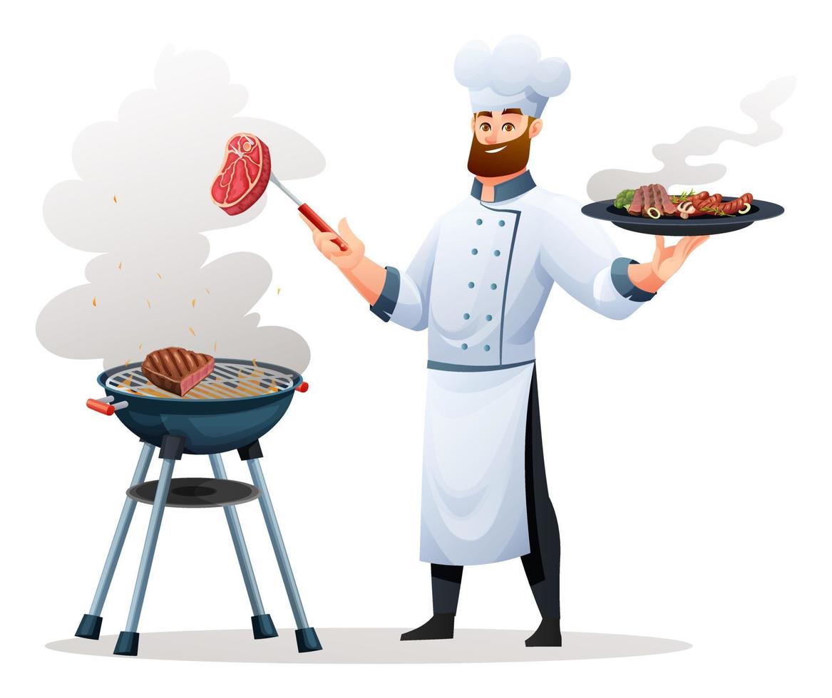 chef cocinar carne en ilustración de parrilla de barbacoa vector