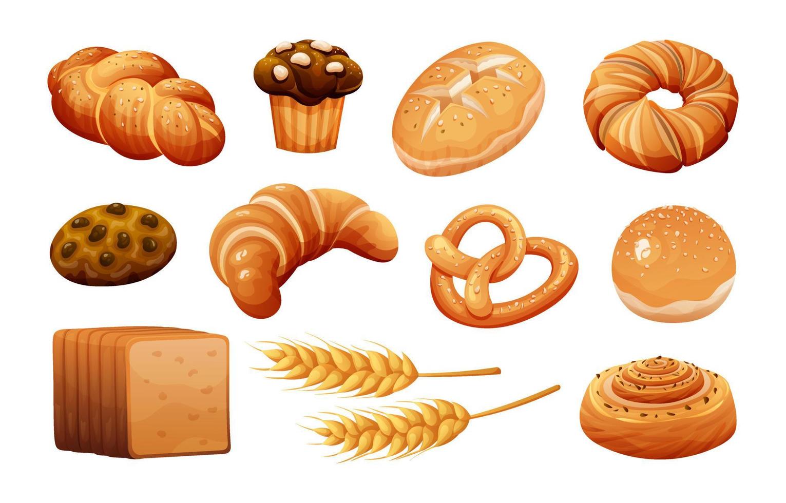 Various breads set. Bakery pastry products vector cartoon isolated on white