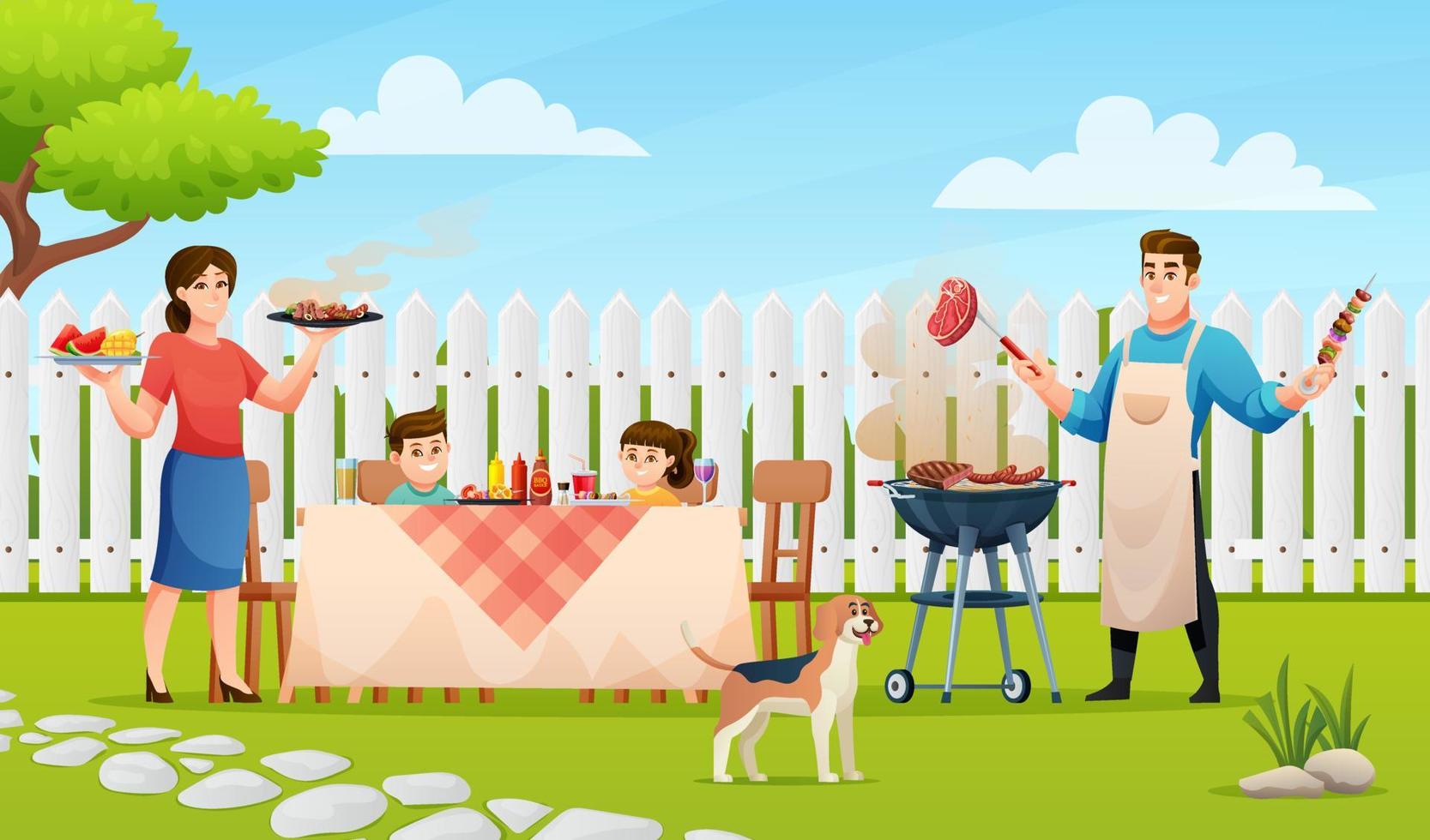 Happy family enjoying a barbecue in backyard illustration vector