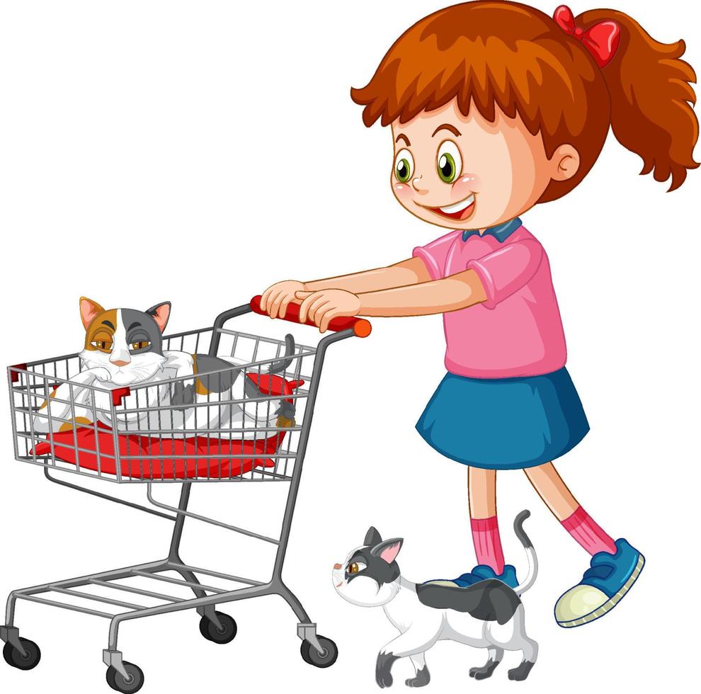 A little girl pushing shopping cart with cats vector