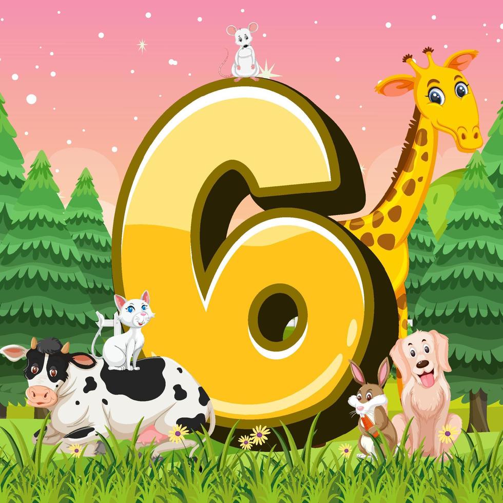 Different six animals attached to number six vector