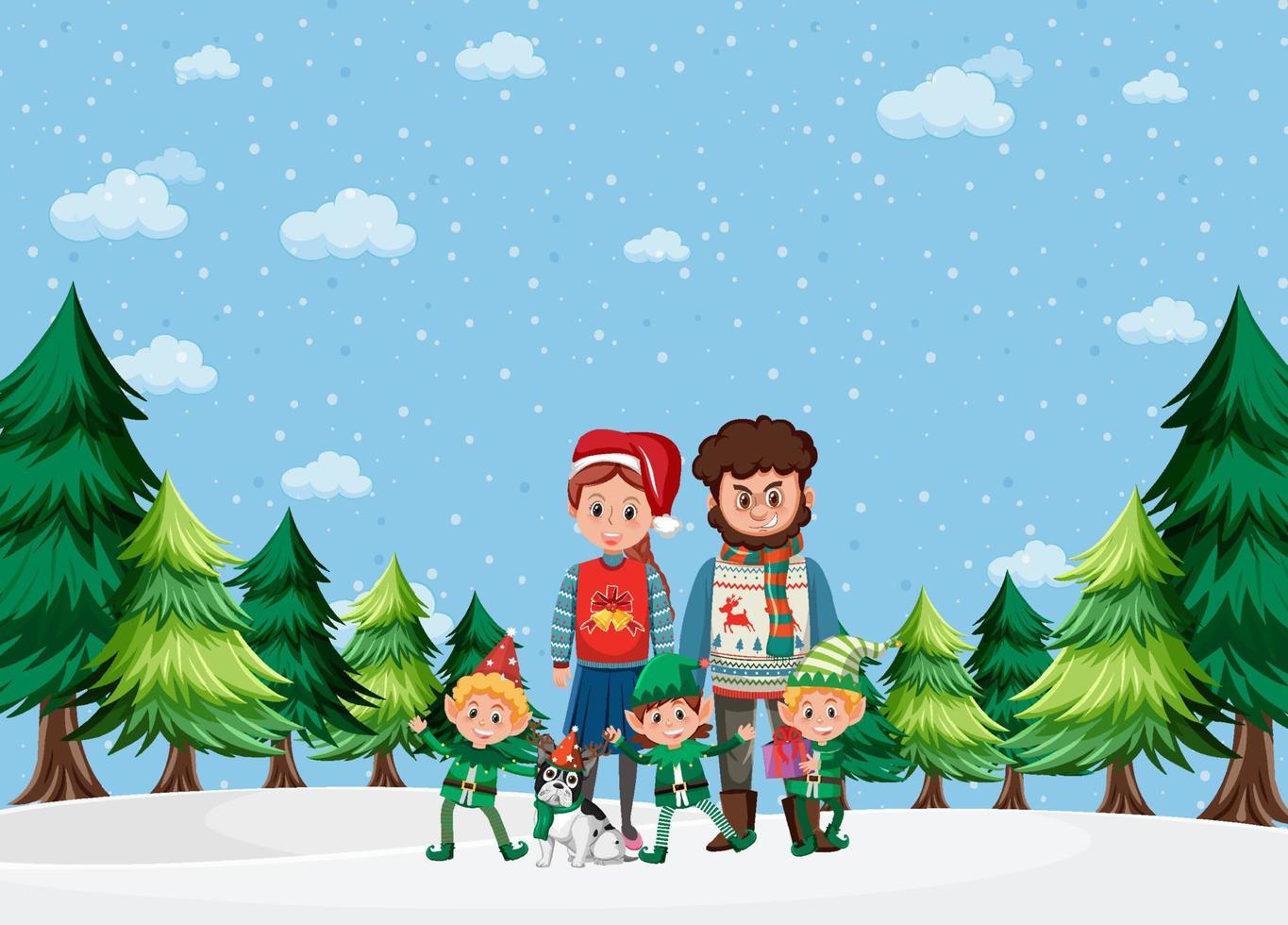Family on christmas day in the snow vector