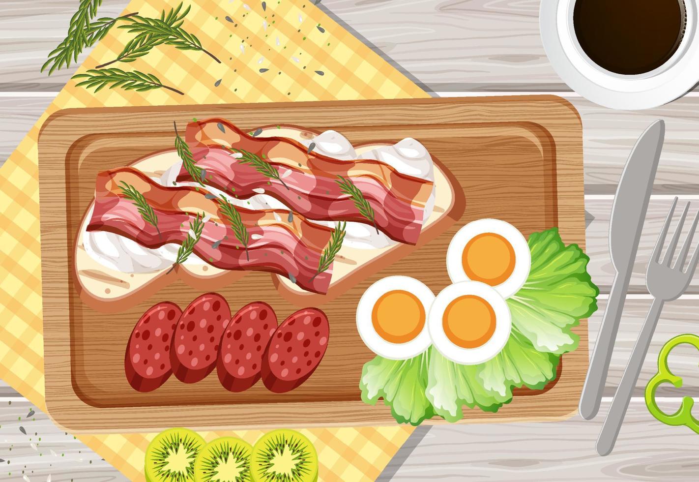 Top view of breakfast on wooden tray vector