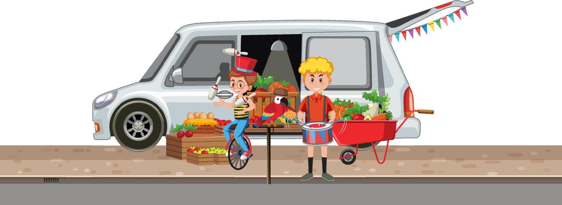 escena con niños y furgoneta de verduras. vector