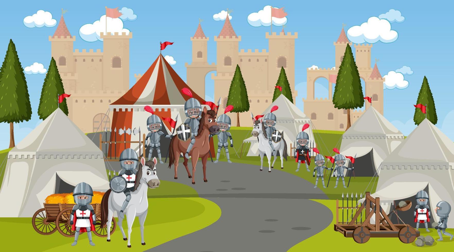 Medieval town scene camp with tents and castle vector