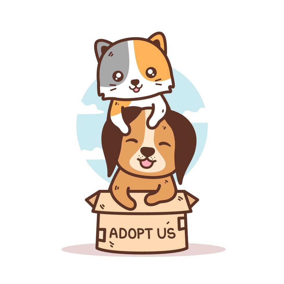 cute kitten and puppy in the box vector