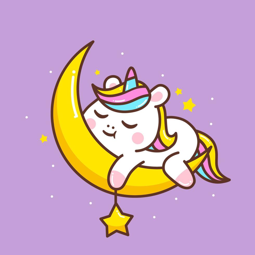lindo pequeño unicornio durmiendo en la luna vector