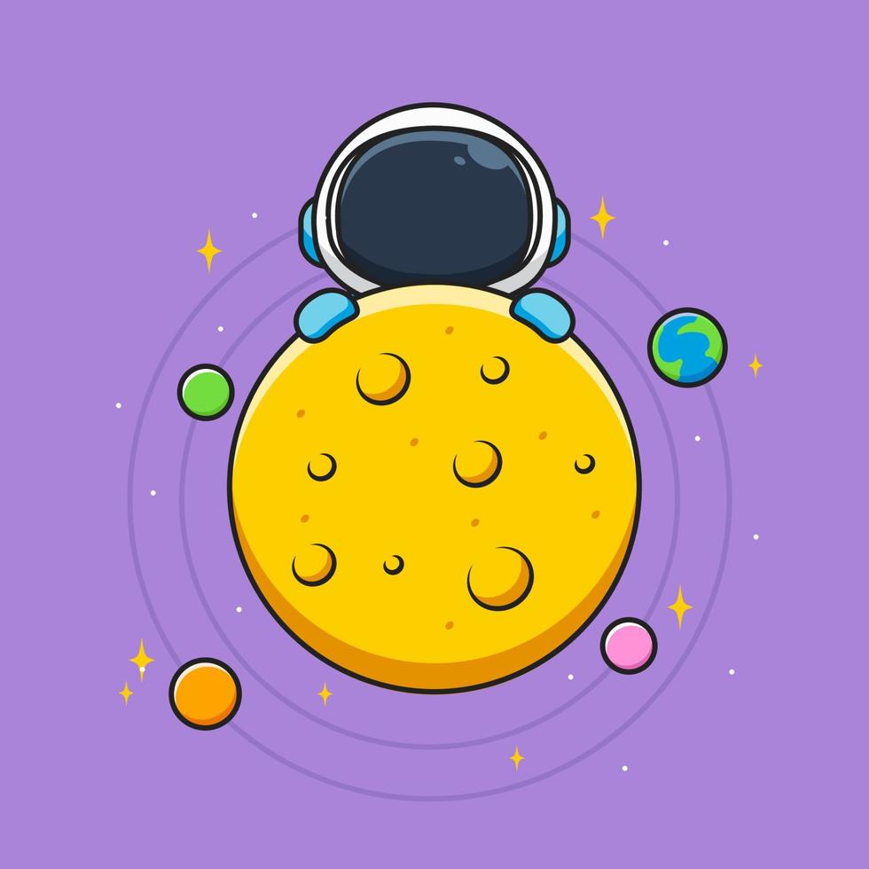 cute astronaut behind moon and planets vector