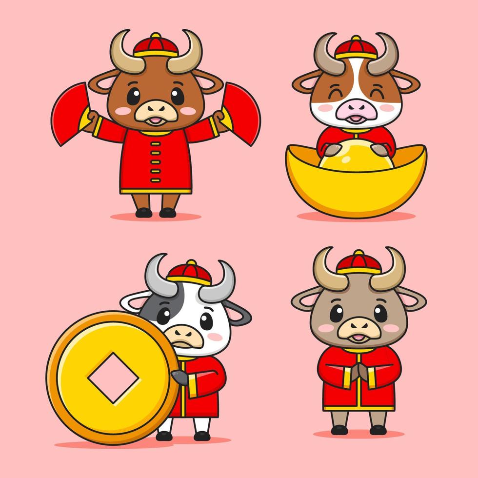 set of cute little ox wear chinese costume vector