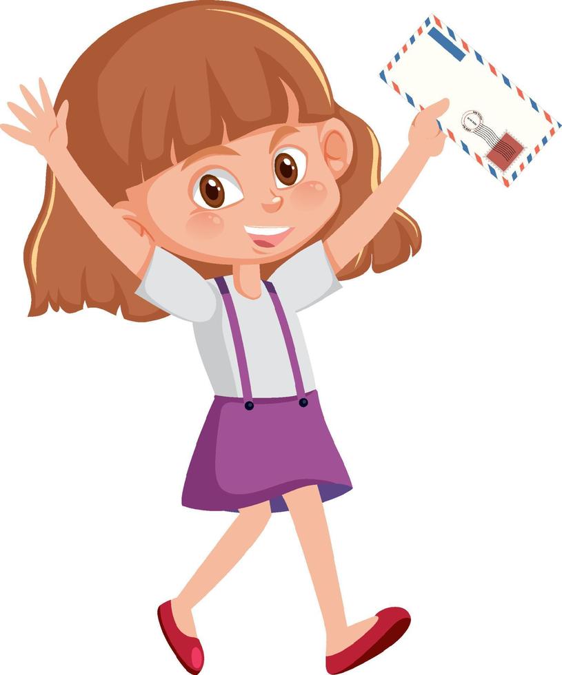 Happy girl holding letter on white bakground vector