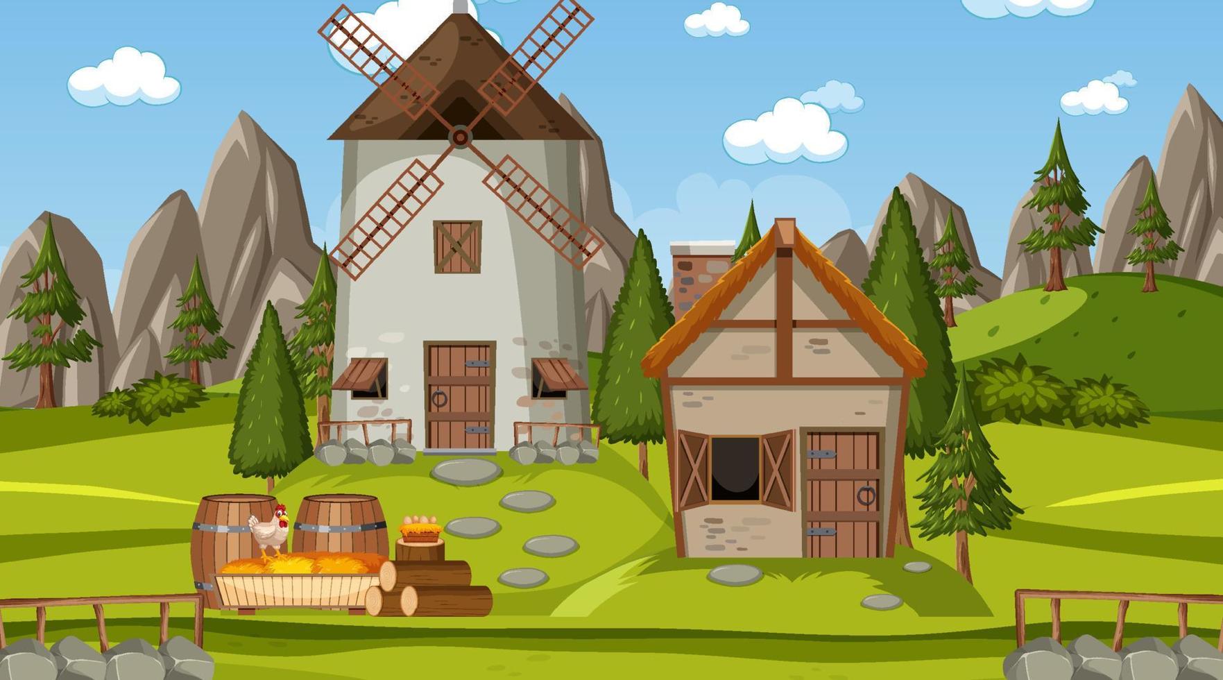 Medieval town scene with villagers vector