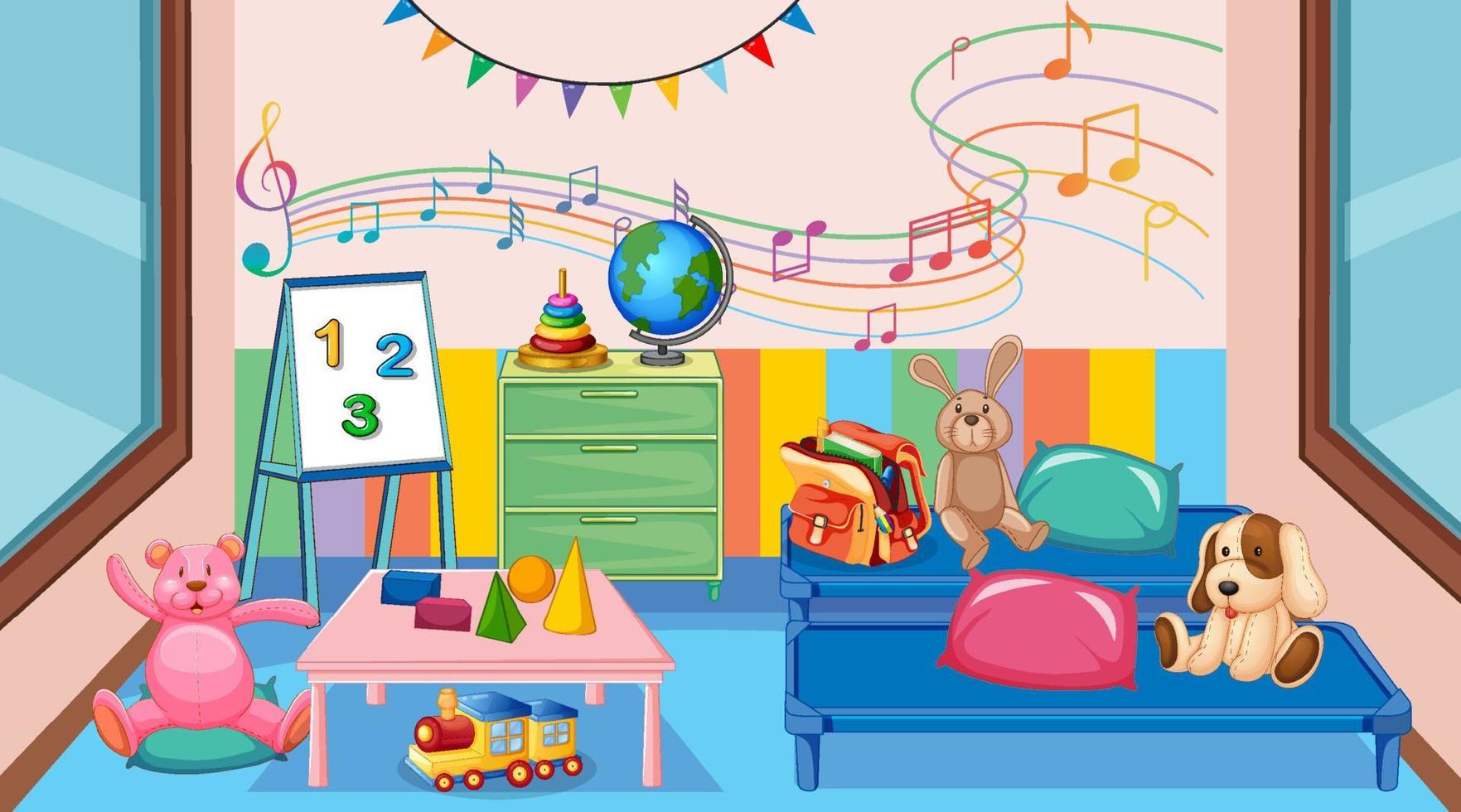Empty kindergarten classroom interior with many kid toys vector