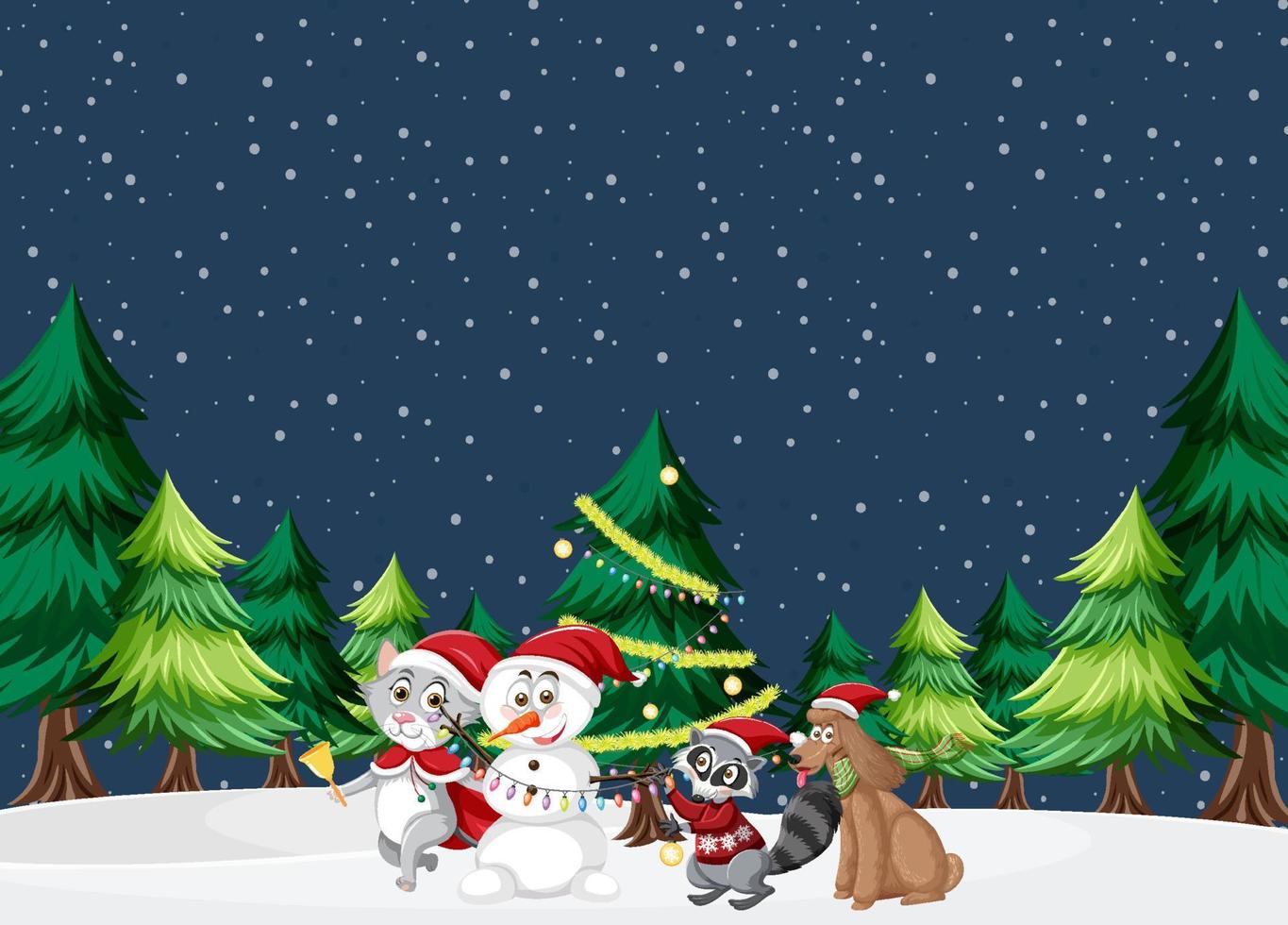 Christmas theme with snowman and animals vector