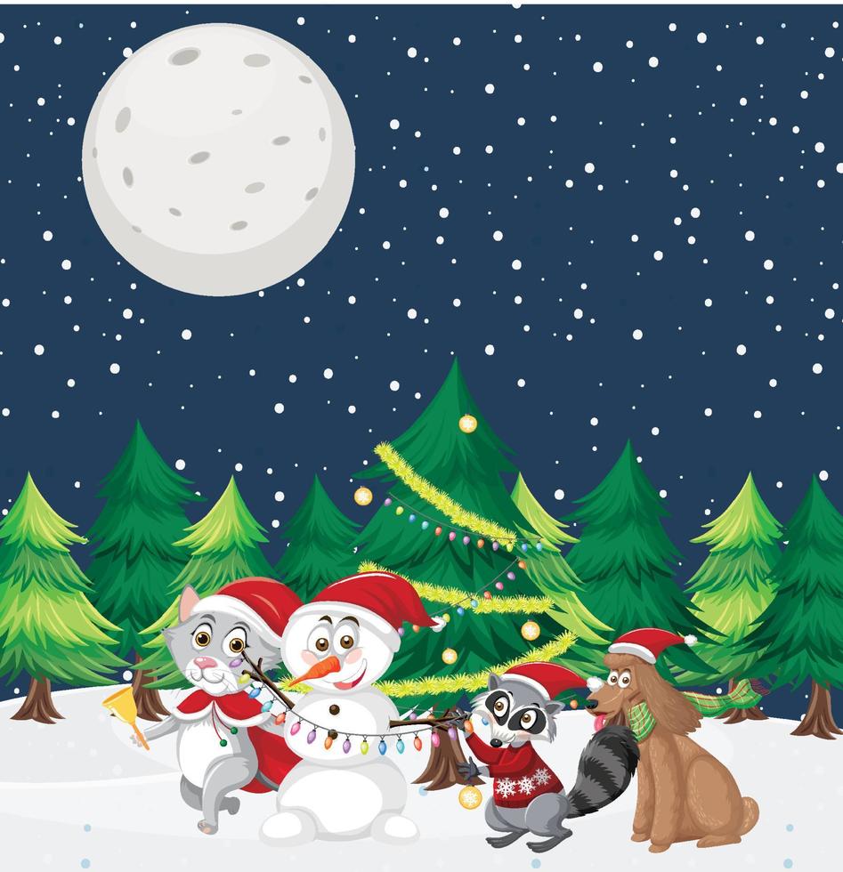 Christmas theme with snowman and animals vector