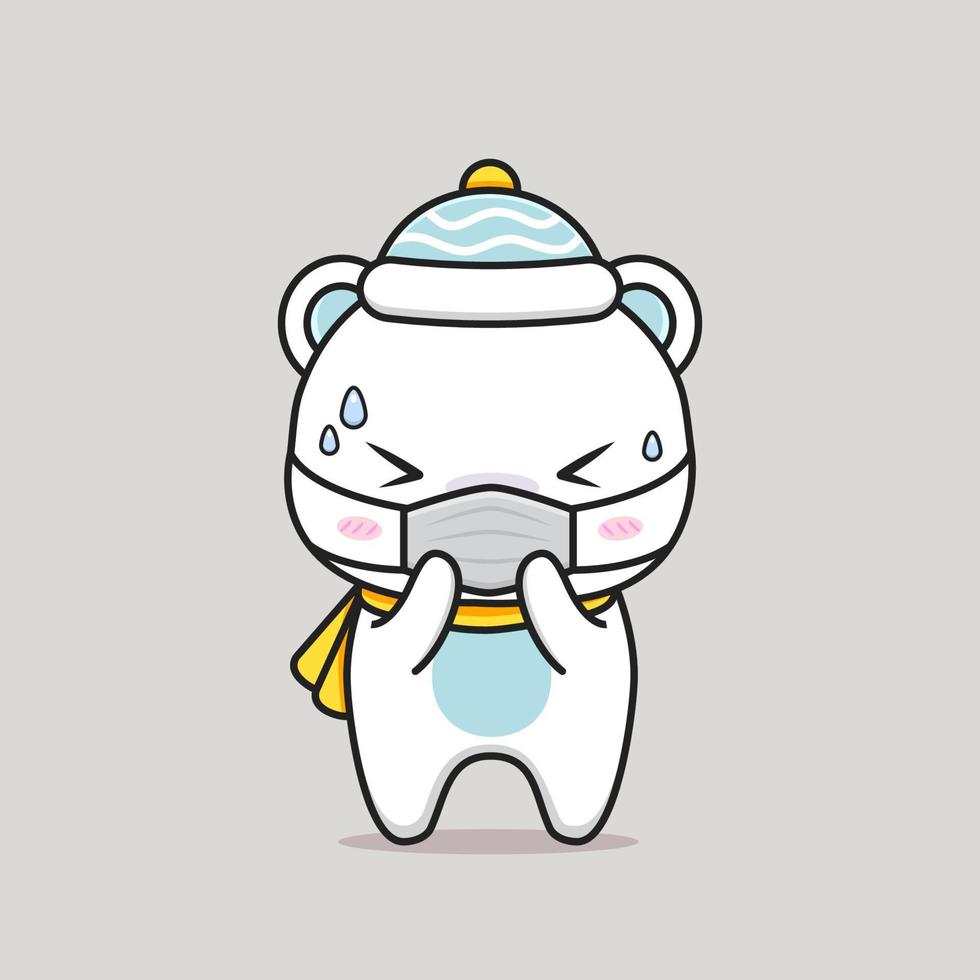 cute white bear getting sick with medical mask vector