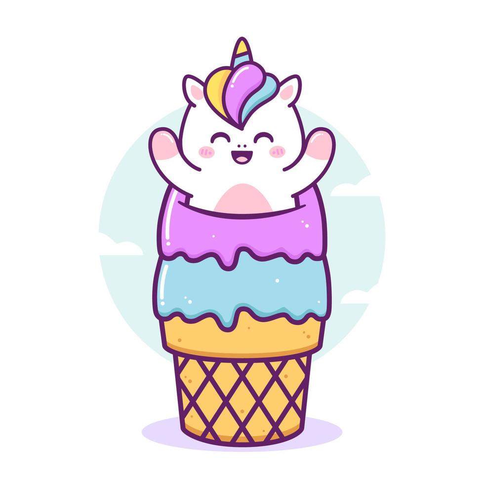 lindo unicornio feliz jugando en el helado vector