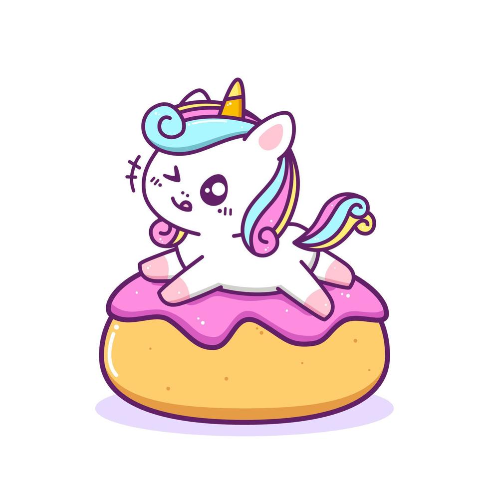 lindo unicornio feliz jugando en el donut vector
