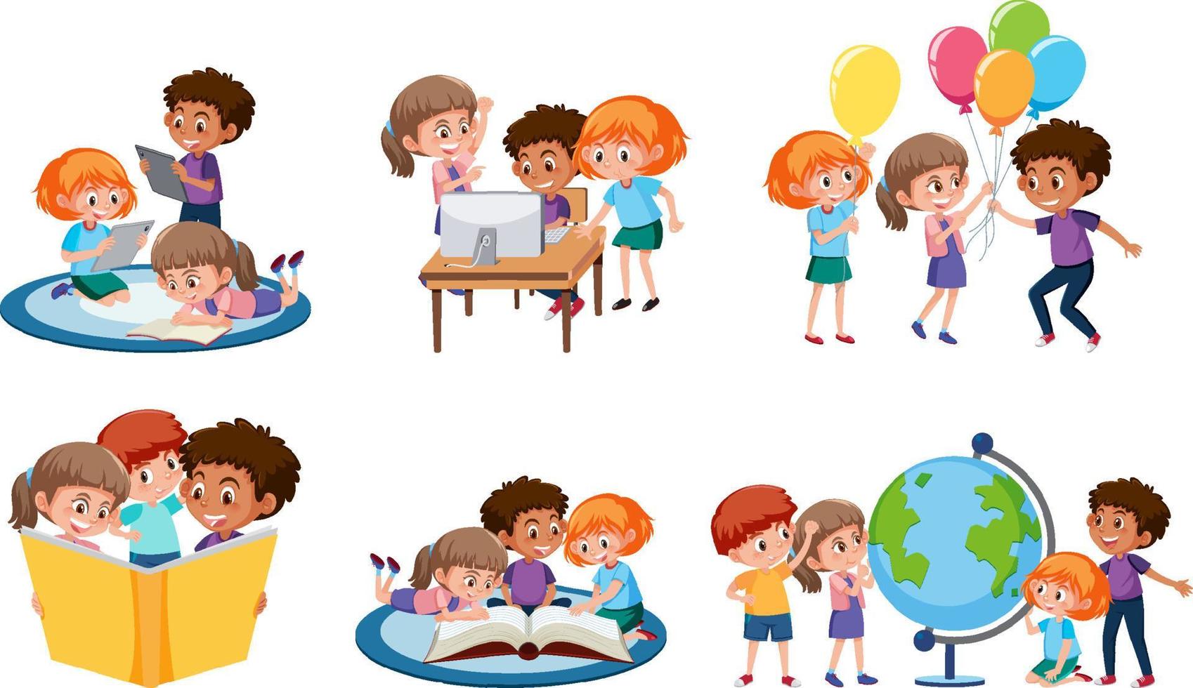 A group of children doing activities on white background vector