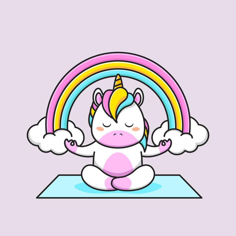 cute unicorn do meditation with rainbow background vector