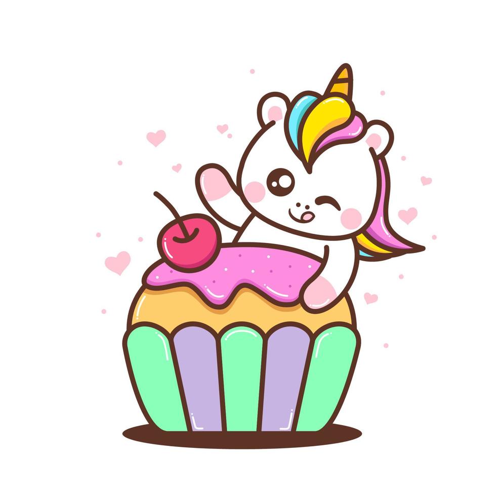 lindo pequeño unicornio con lindo cupcake vector