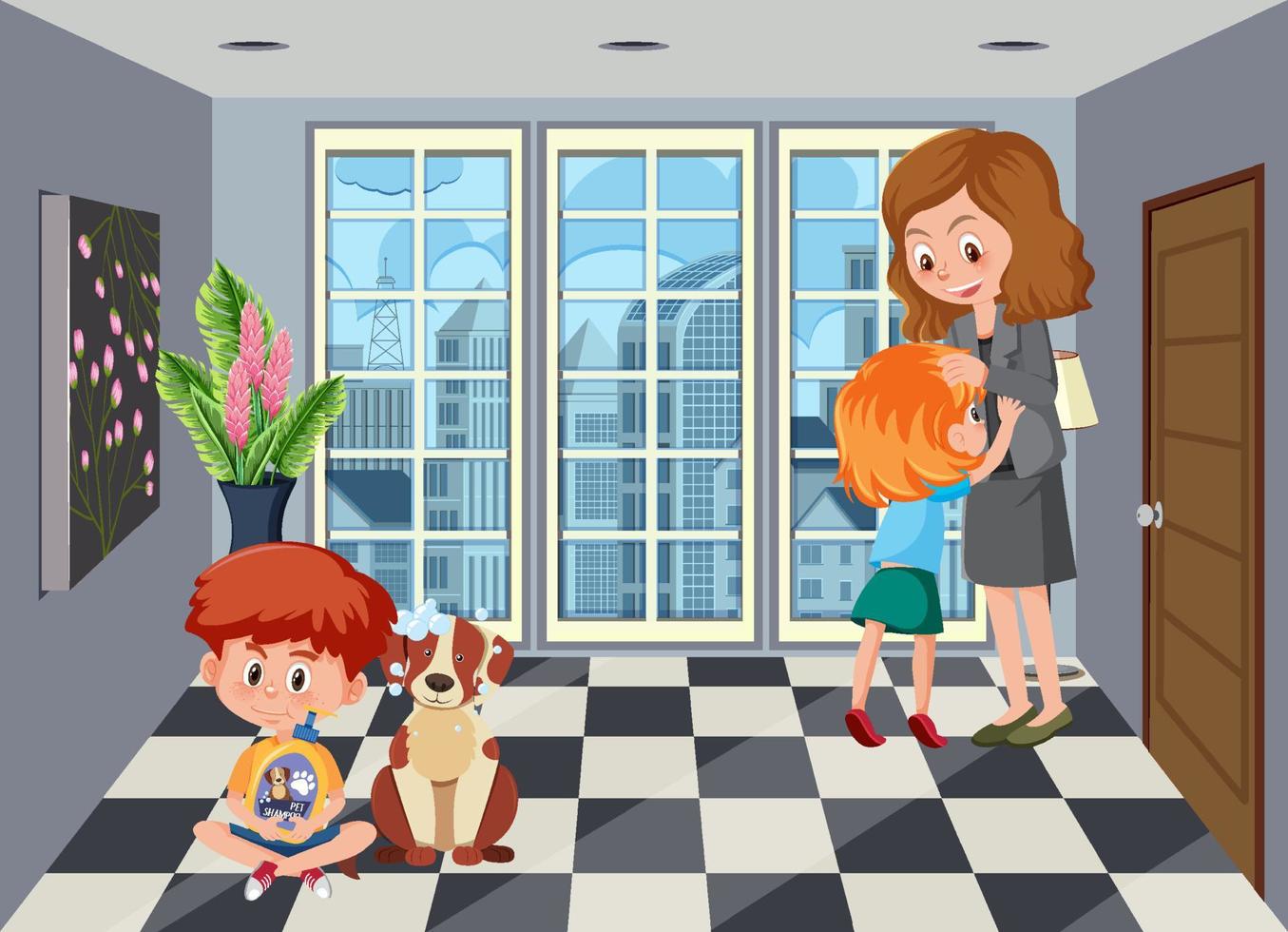 Mother and kids in the room scene vector