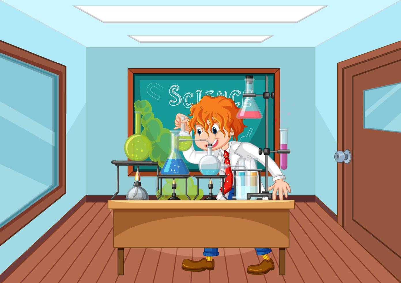 Classroom scene with scientist doing experiment vector