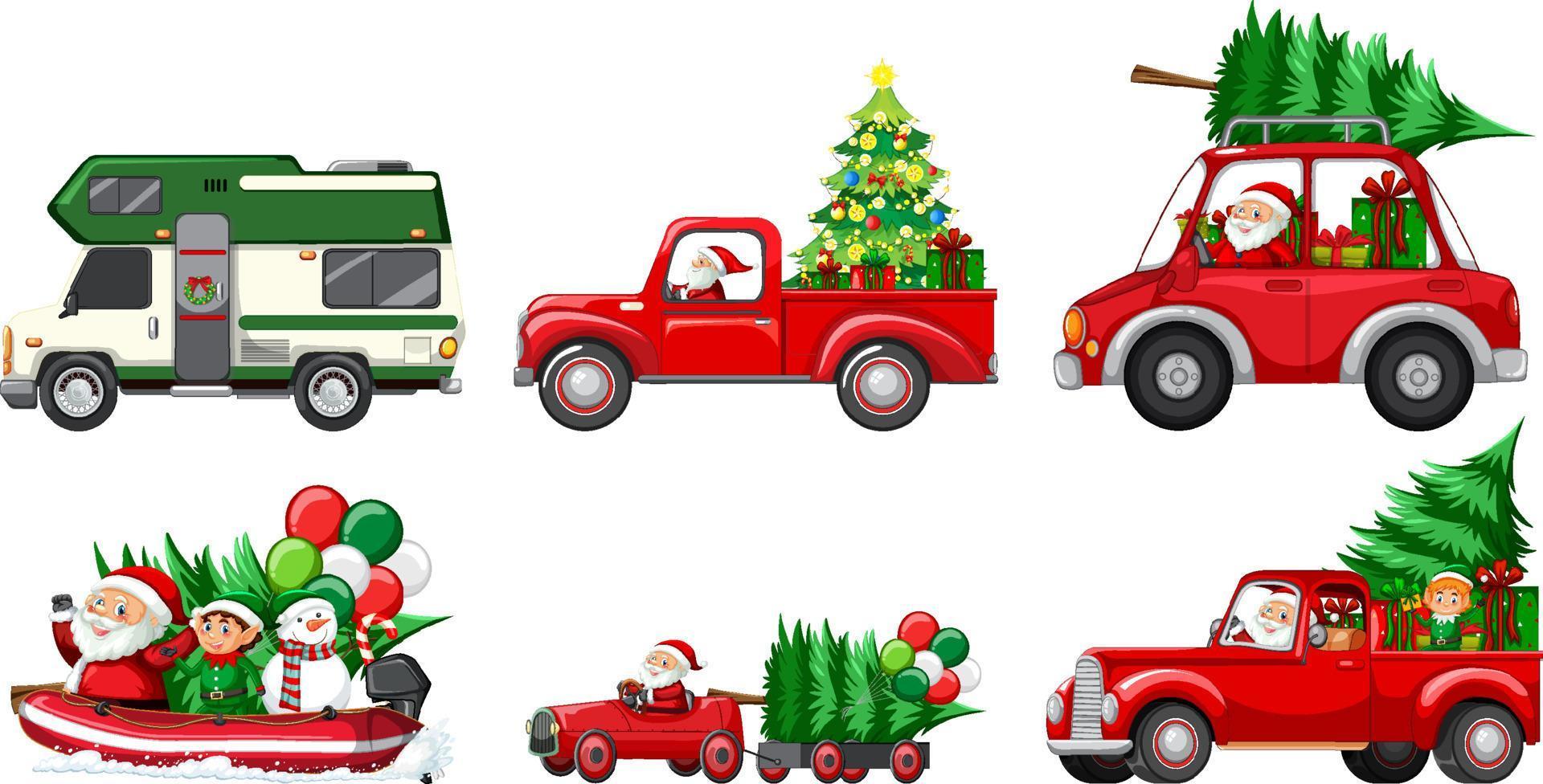 conjunto de diferentes autos navideños y personajes de santa claus vector