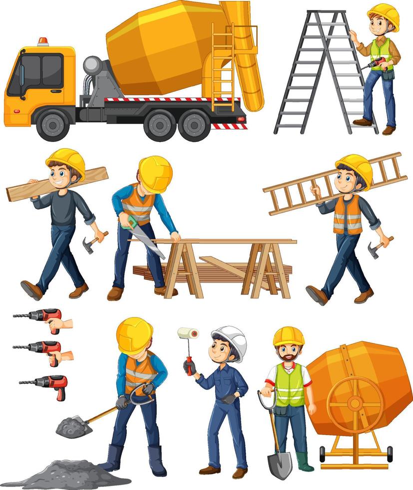 conjunto de objetos y trabajadores del sitio de construcción vector