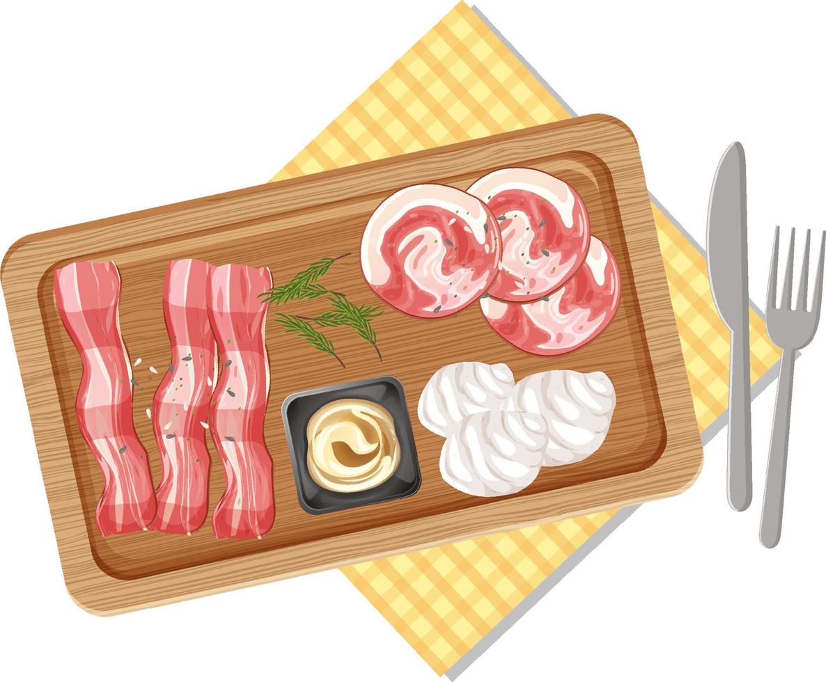 Top view of lunch meat on wooden tray vector