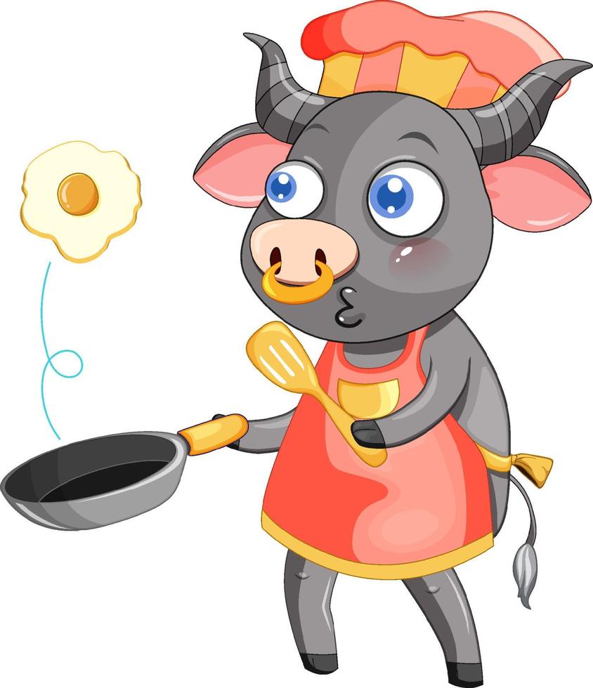 personaje de dibujos animados de búfalo cocinando el desayuno vector