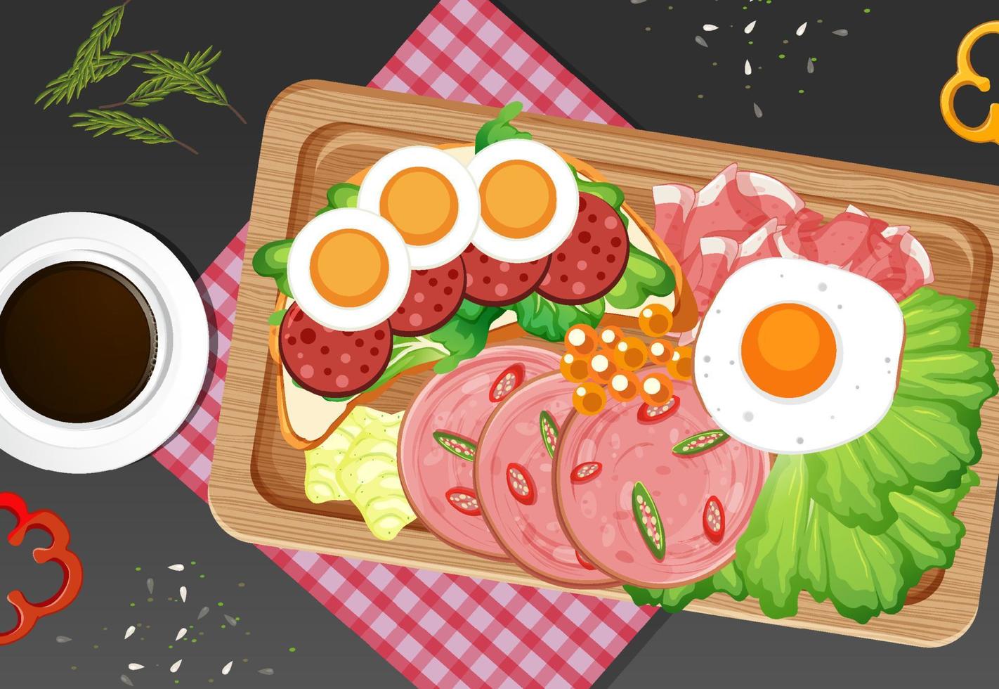 Top view of lunch meat on wooden tray vector