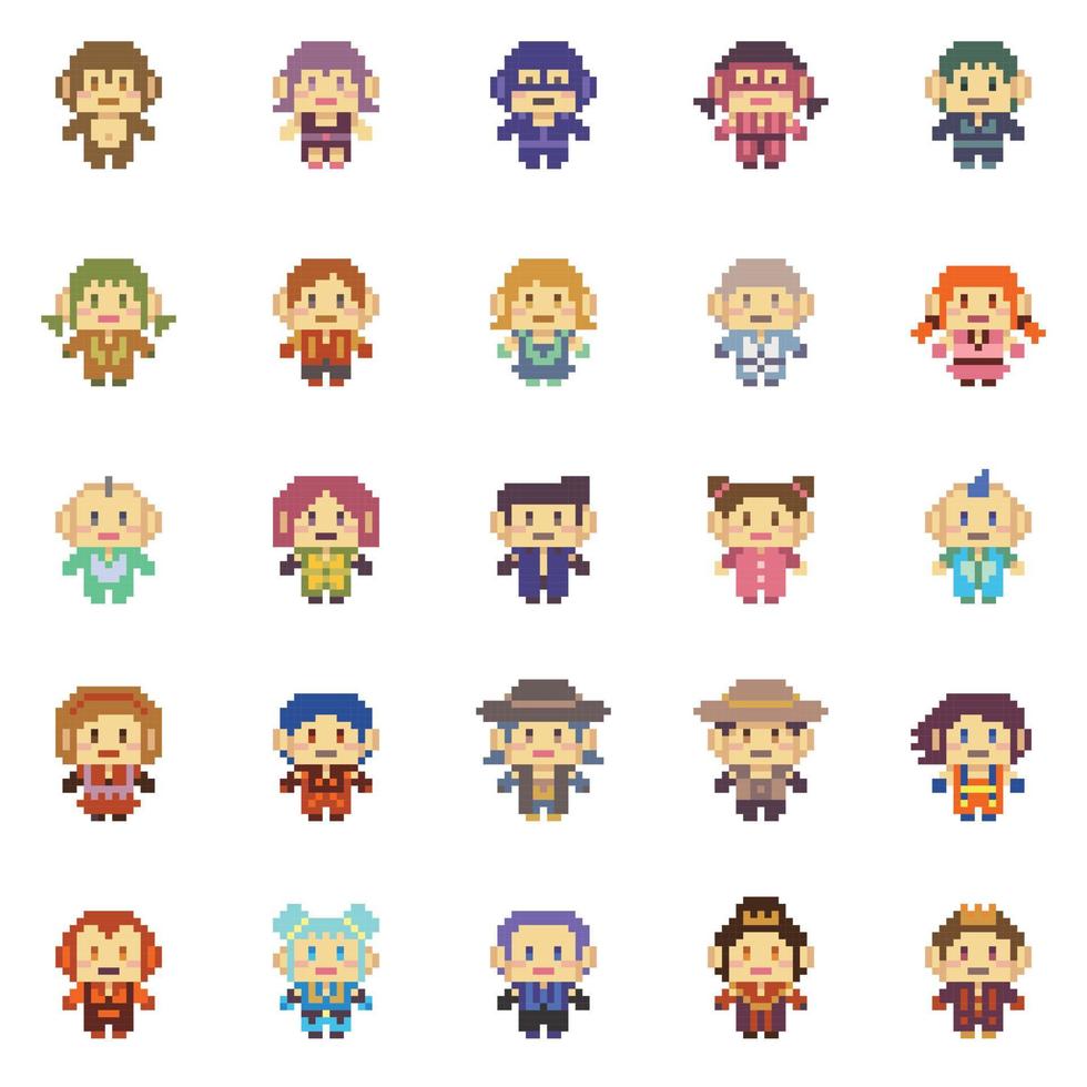 Colección de ilustradores de vectores de personas de personajes de píxeles de 8 bits