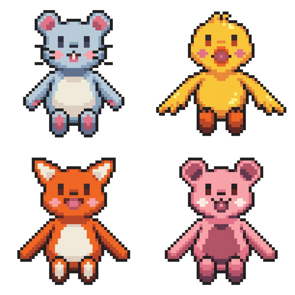 Cute animal doll set 8 bit pixelated illustration vector