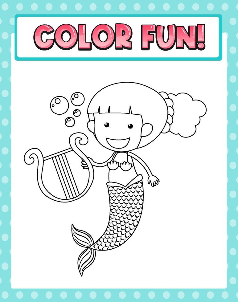 Worksheets template with color fun text and mermaid outline vector
