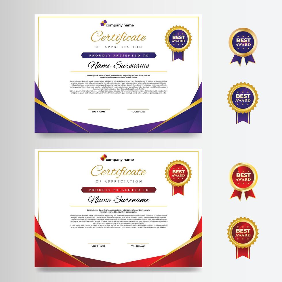 plantilla de diseño de certificado dorado púrpura y rojo con etiqueta vector