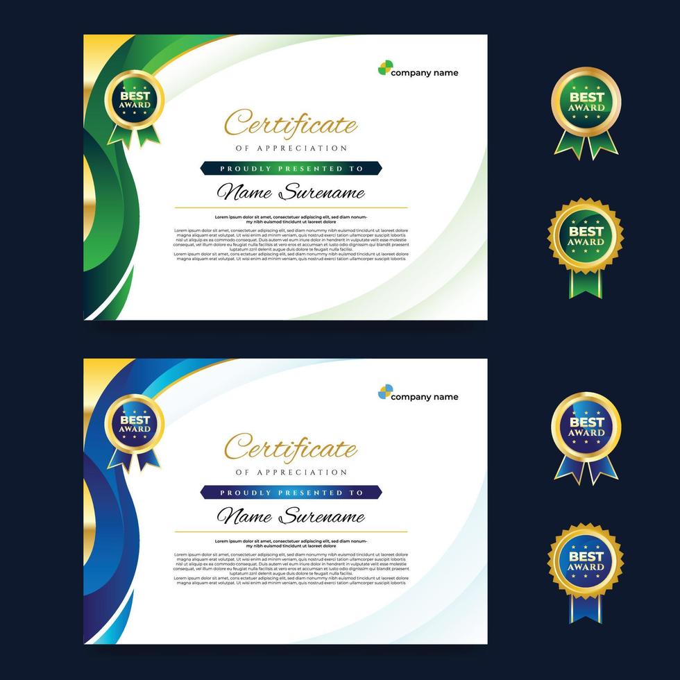 plantilla de diseño de certificado verde y azul de curva elegante degradado vector