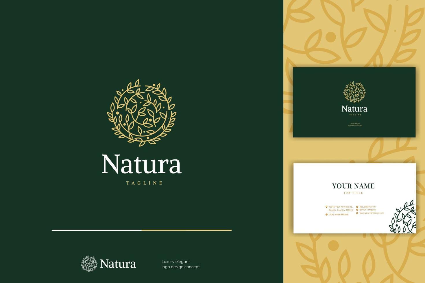 diseño de logotipo de forma redondeada de naturaleza de hojas simples con plantilla de tarjeta de visita vector