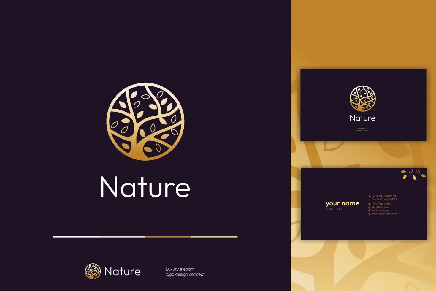 diseño de logotipo de forma redondeada de naturaleza de hojas de árbol de oro con tarjeta de visita vector