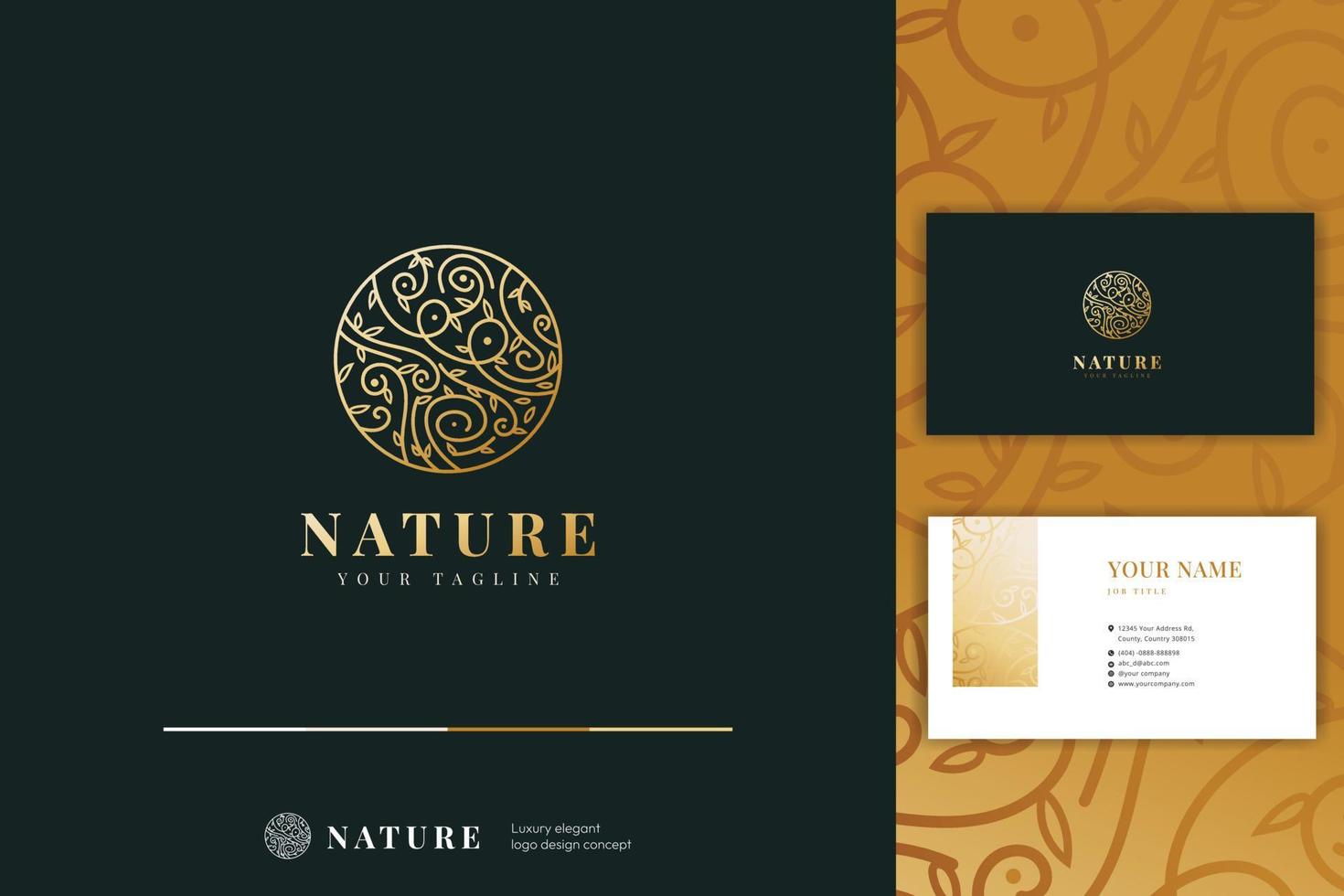 el árbol en espiral dorado deja el logotipo de patrón redondeado de la naturaleza con la plantilla de diseño de tarjeta de visita vector