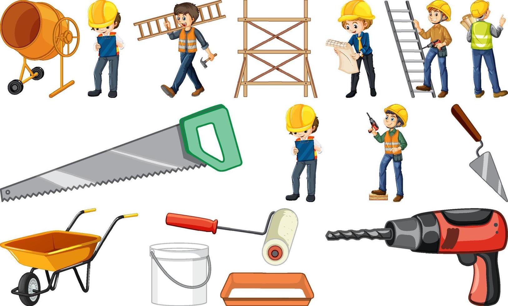 Set of construction site objects and workers vector