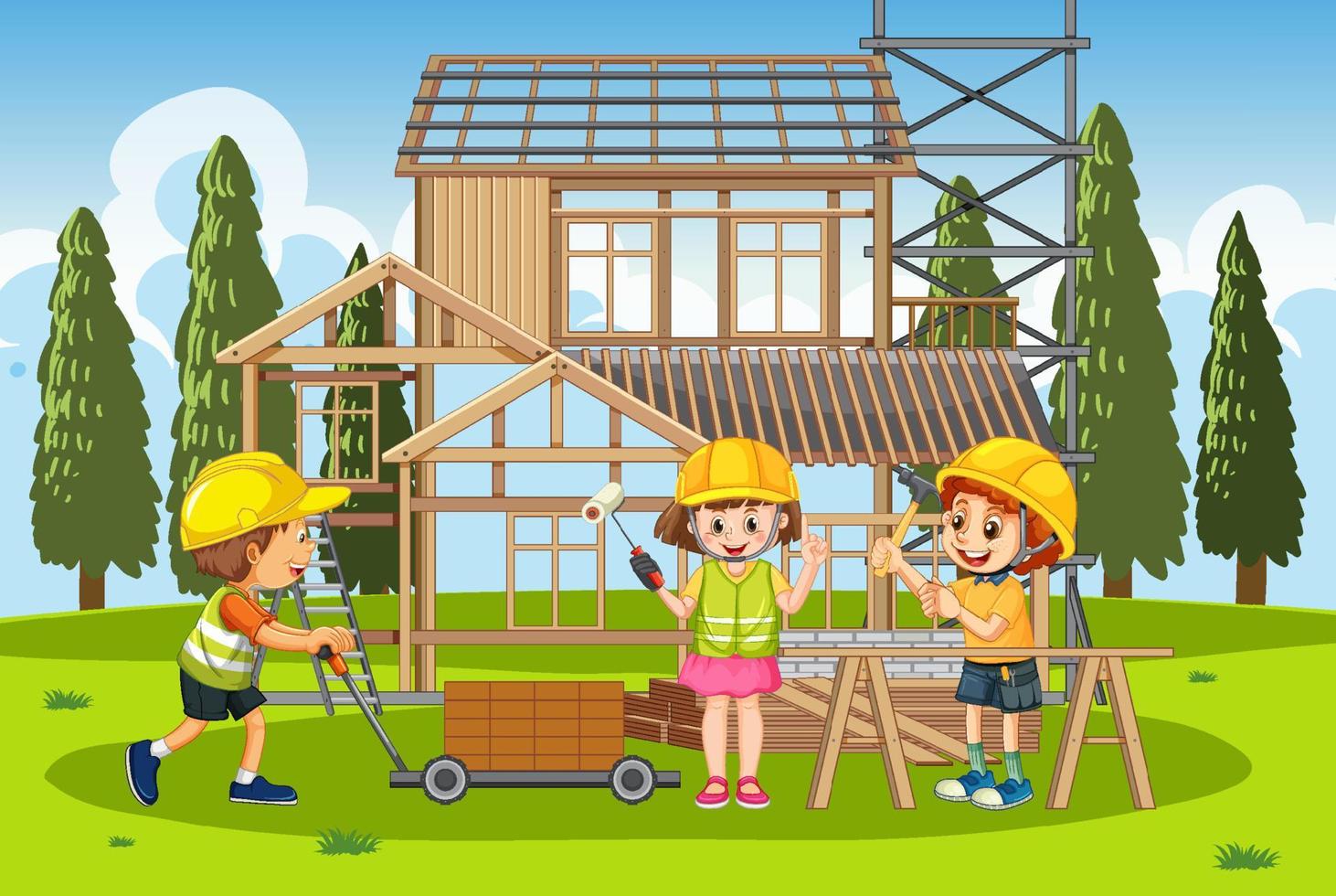 House construction site with workers cartoon vector