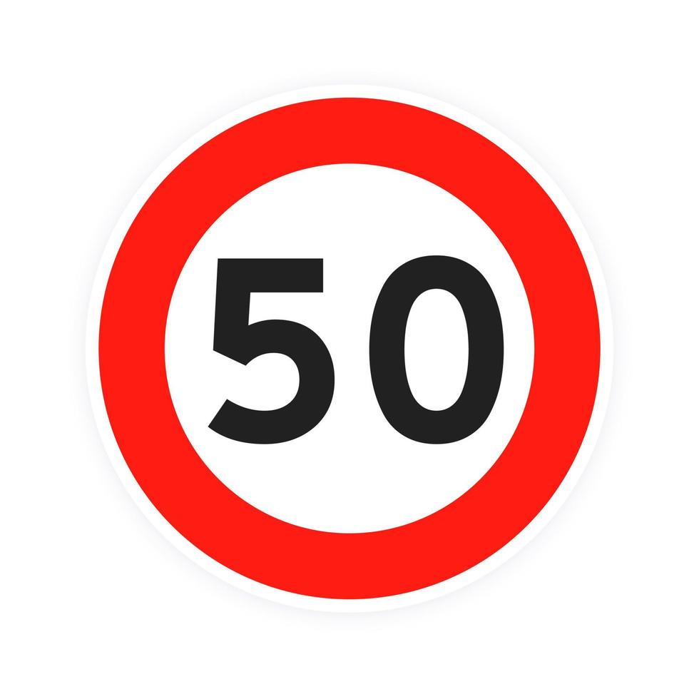 límite de velocidad 50 icono de tráfico de carretera redondo signo plano estilo diseño vector ilustración aislado sobre fondo blanco.