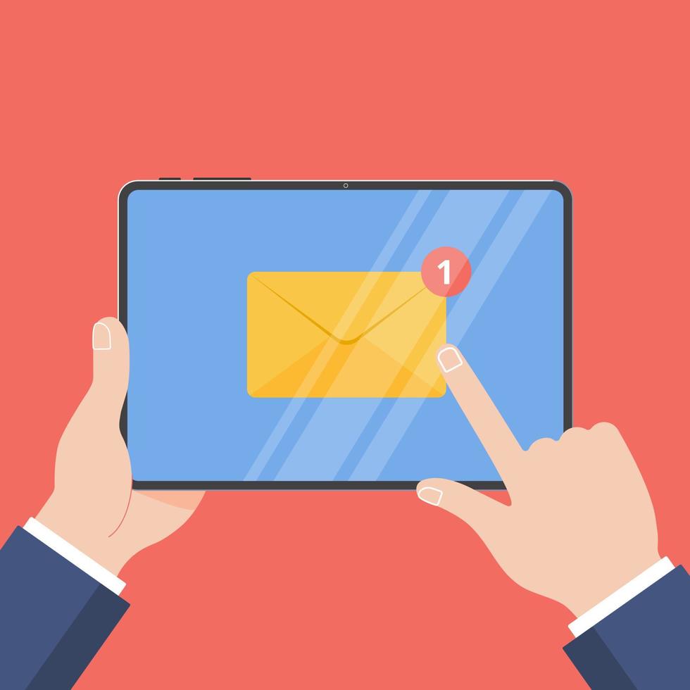 Hands hold tablet pad devise with open envelope document paper sheet page check mark tick, no text icon vector illustration flat design isolated on blue background. Symbol recieving e-mails confirm