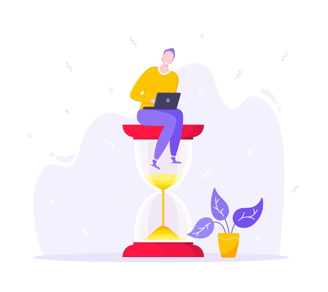 Time managemet business concept. Happy young adult man sitting on hourglass and working on his laptop. vector