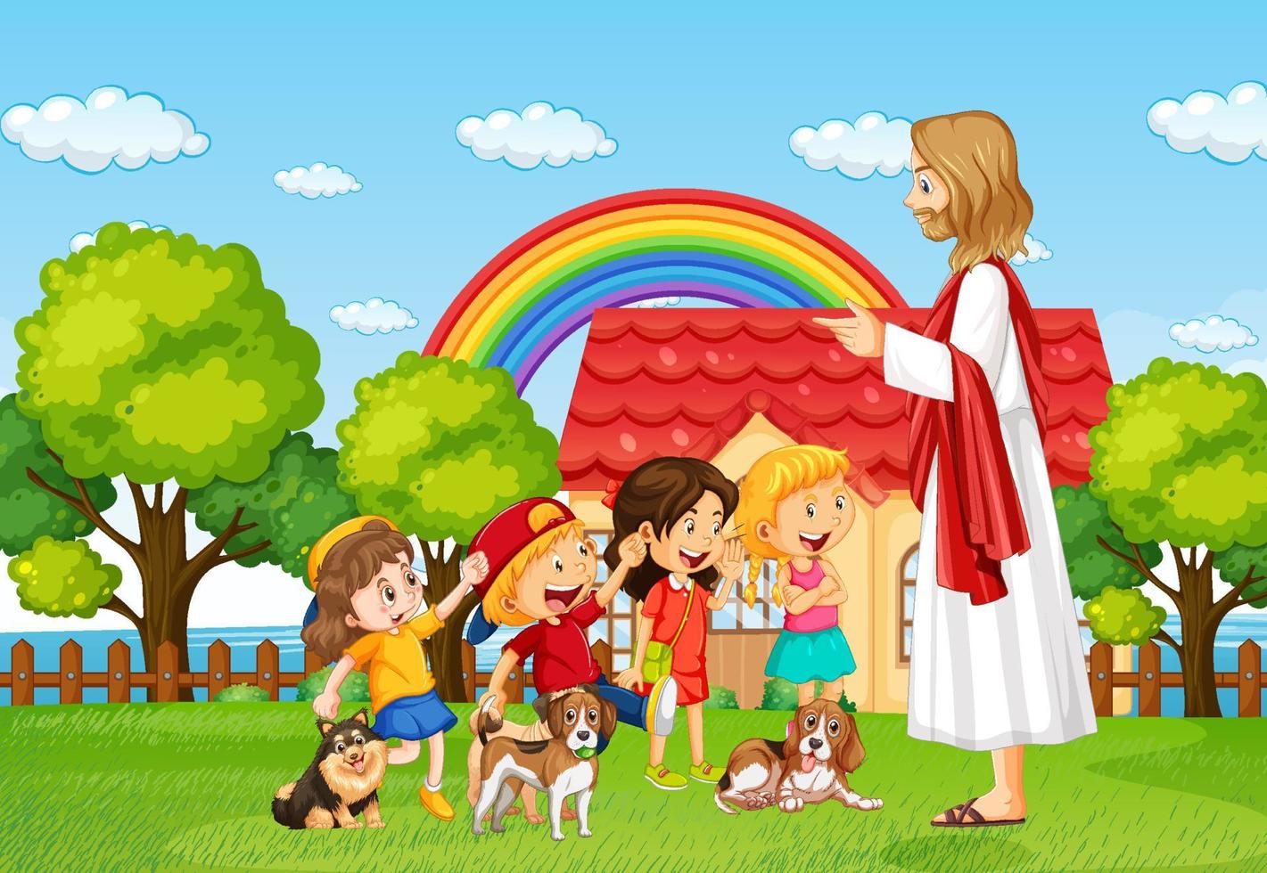 Jesus and children at the park vector