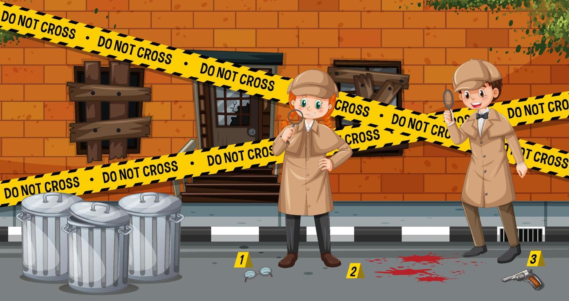 Detective looking for clues with magnifying glass in scene vector