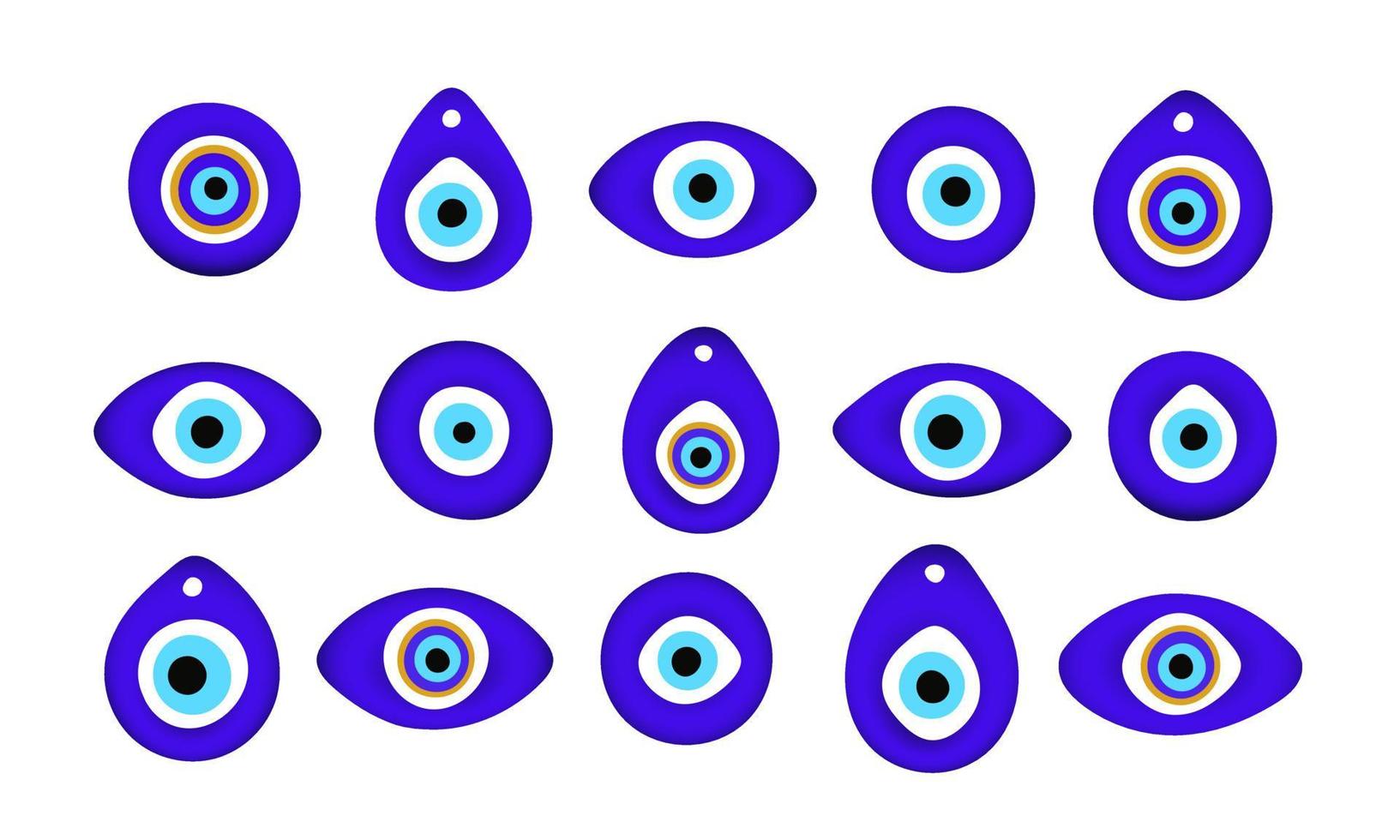 Blue oriental evil eye symbol amulet flat style design vector illustration set isolated on white background.