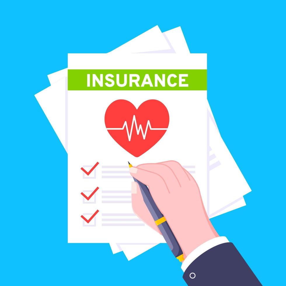 Hand signs medical insurance claim form with file paper sheets flat style design vector illustration.