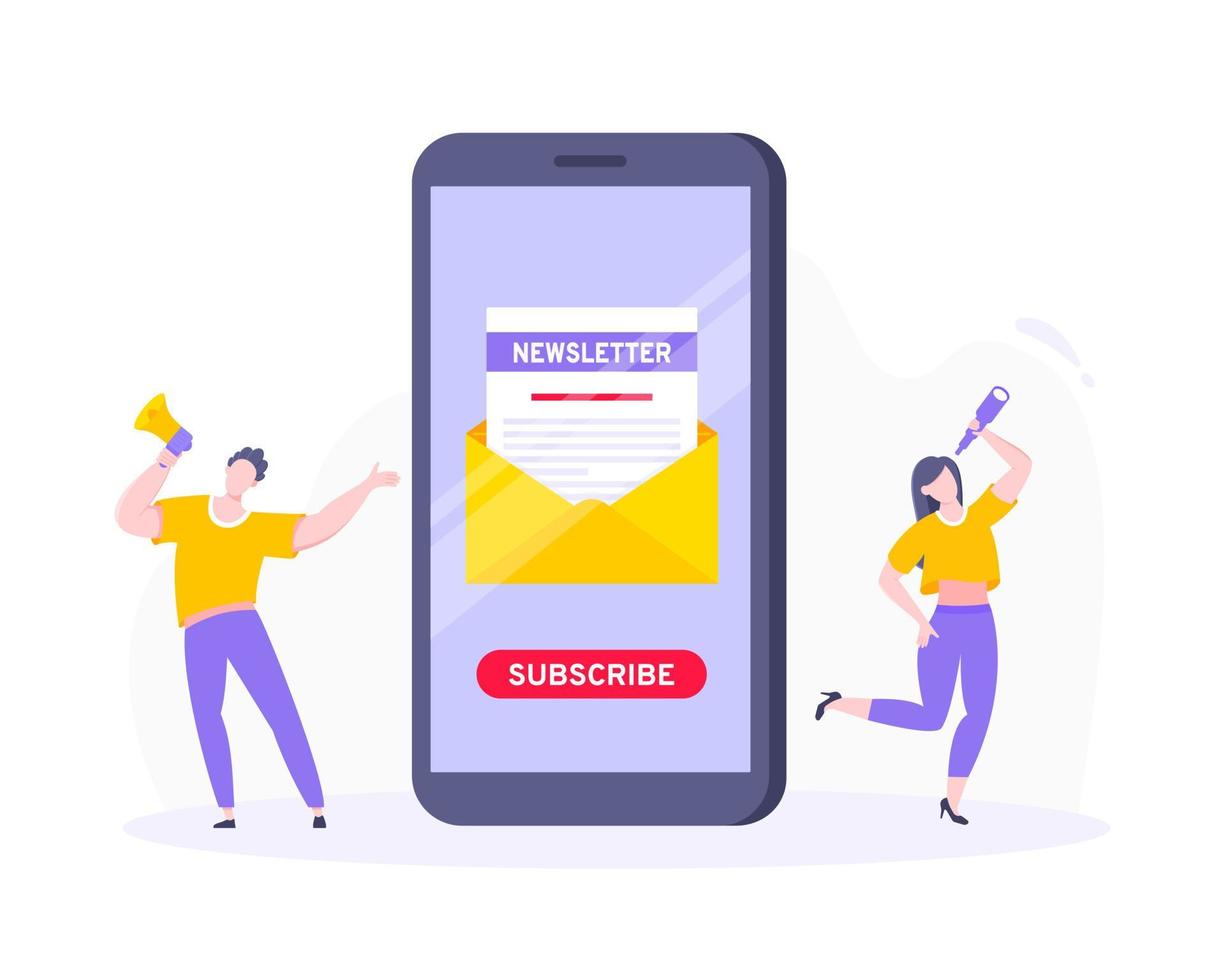 Subscribe now to our newsletter vector illustration with tiny people working with smartphone, envelope and newsletter.