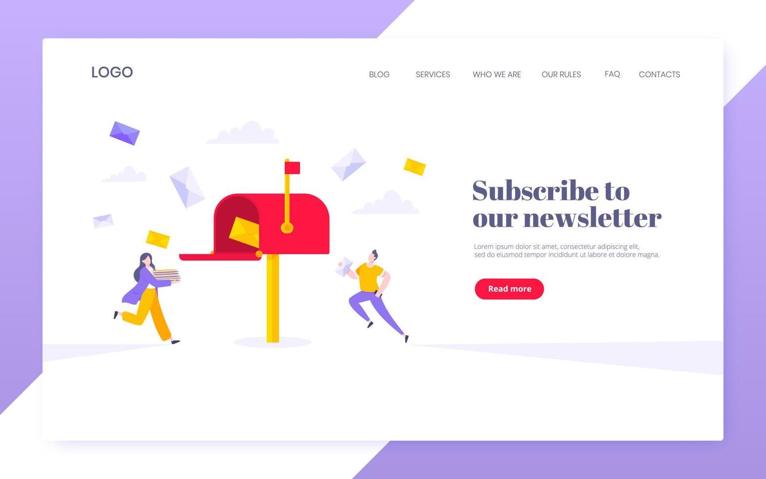 Subscribe now to our newsletter vector illustration with tiny people running toward mailbox.